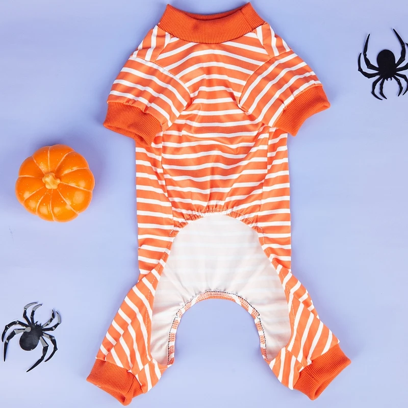 Mono de ropa para perros con calabaza de Halloween, lindo pijama para mascotas a rayas blancas y naranjas, disfraz festivo, mono para fiesta de perros pequeños y gatos - imagen 4