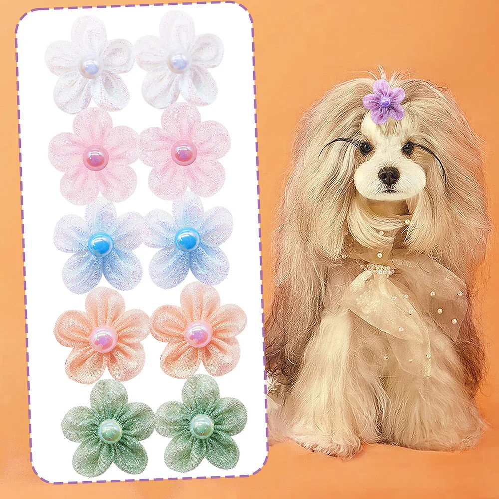 200 Uds. De bonitos lazos de flores para el pelo de perro, bandas de goma, accesorios para el cabello de perros pequeños con perlas, accesorios para quitar Collar para perros - imagen 2