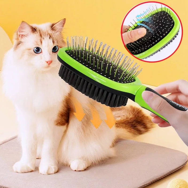 Cepillo para perros, peine de doble cara para perros, removedor de pelo para mascotas, cepillo de masaje para gatos, cepillos para el cuidado de perros, cepillos con mango cómodo para accesorios para mascotas