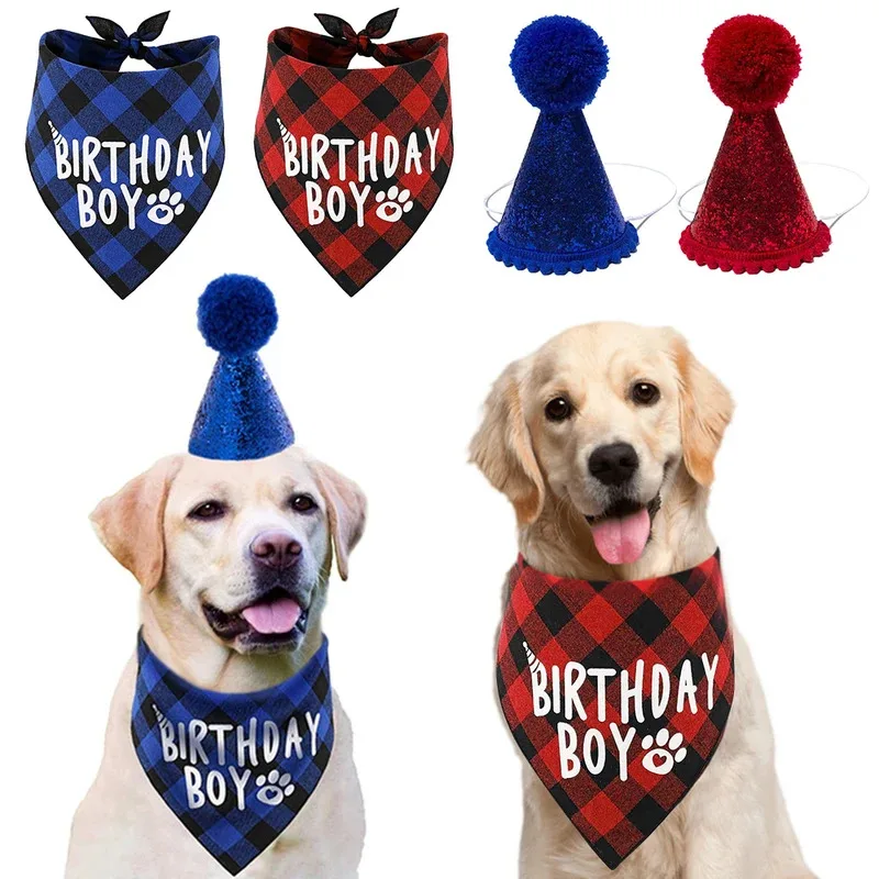 Conjunto de sombrero bandana para niño de cumpleaños de perro y gato, bonitos suministros de fiesta con estampado a cuadros, accesorio para sombreros de disfraz para celebración de cumpleaños - imagen 3