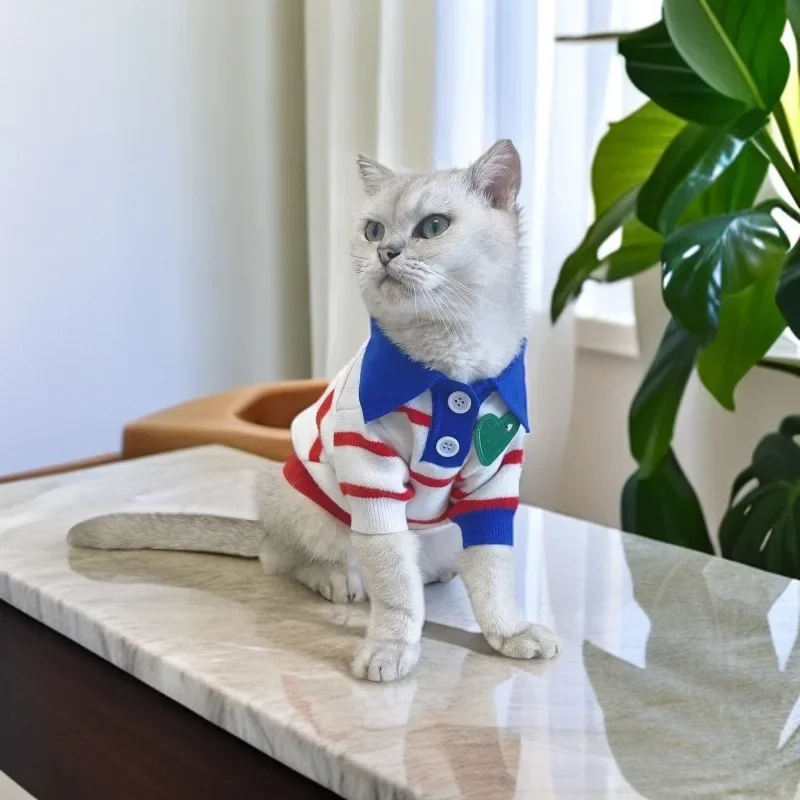 Otoño e Invierno cárdigan tejido para mascotas suéter perro gato POLO a rayas ropa para mascotas ropa para perros y gatos - imagen 4