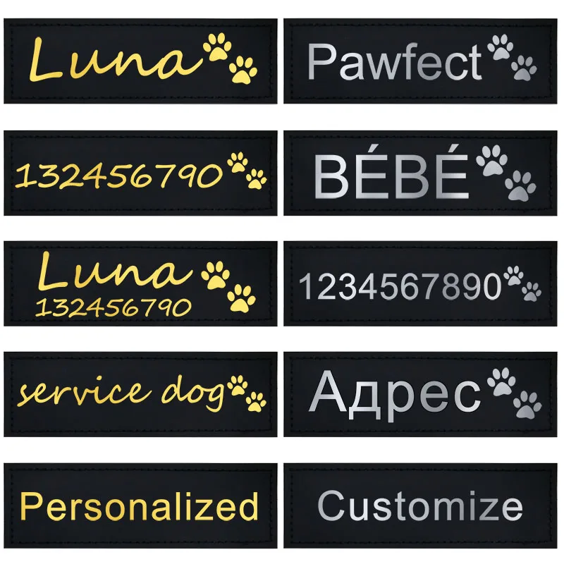 Parches de etiquetas para perros, etiquetas personalizadas con nombre de identificación, pegatina de Collar de arnés K9, suministros personalizados para mascotas, 2 uds.