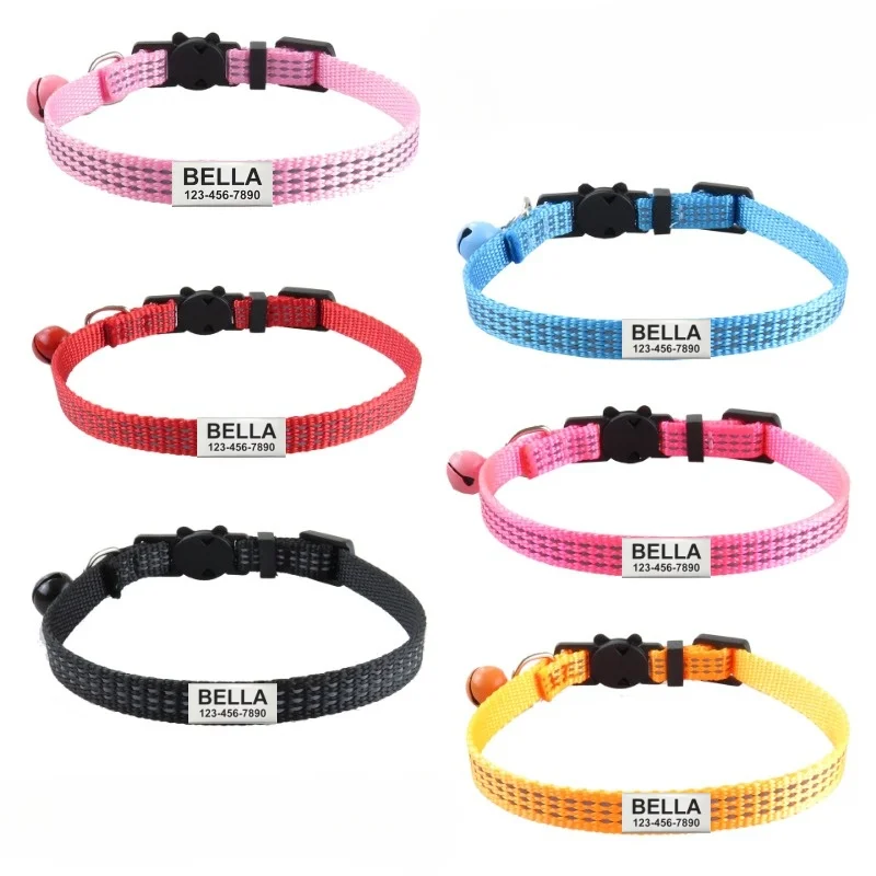 Collar reflectante personalizado con etiqueta de identificación y nombre de gato, accesorios personalizados de liberación rápida, Collar para perros pequeños y gatos, grabado gratis