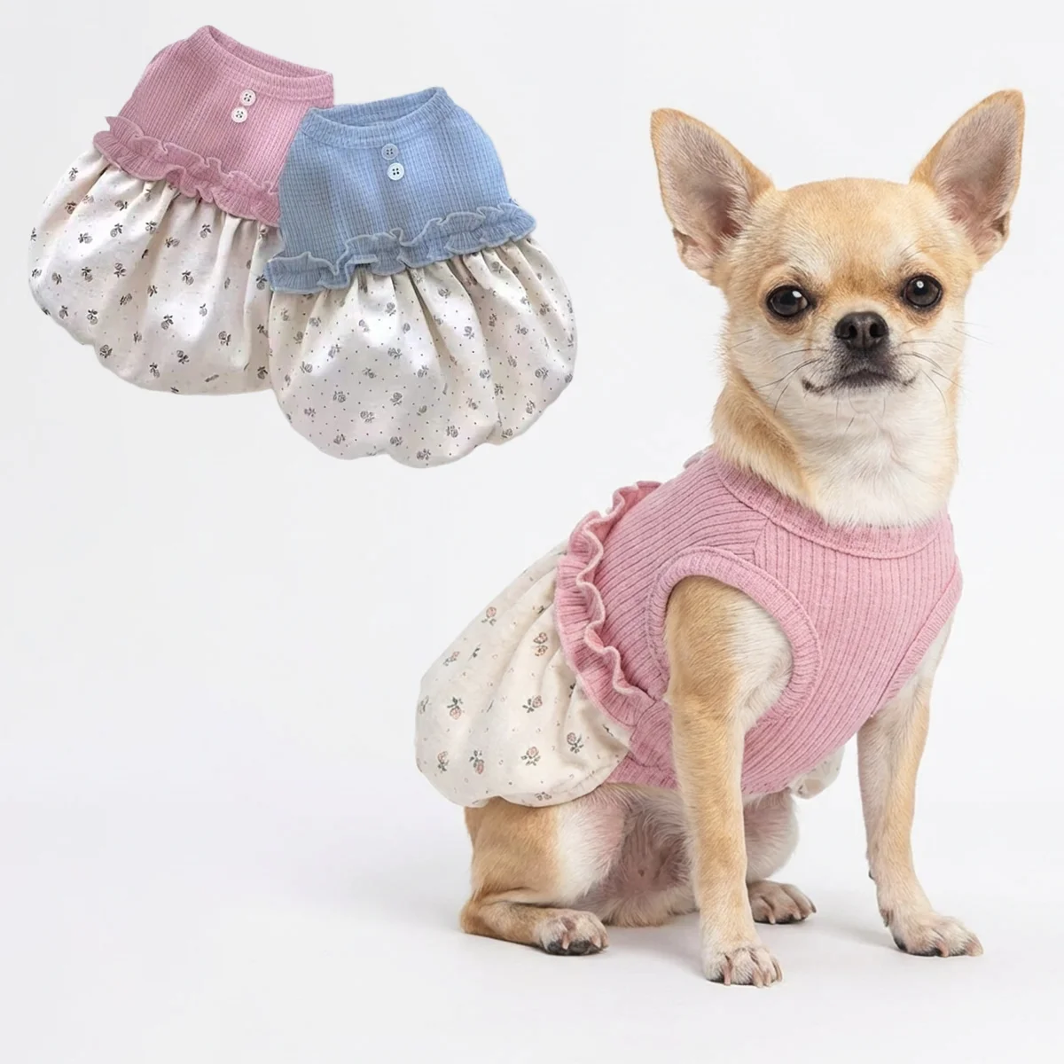 Vestido punto acanalado para perro pequeño con falda floral y volantes - imagen 4