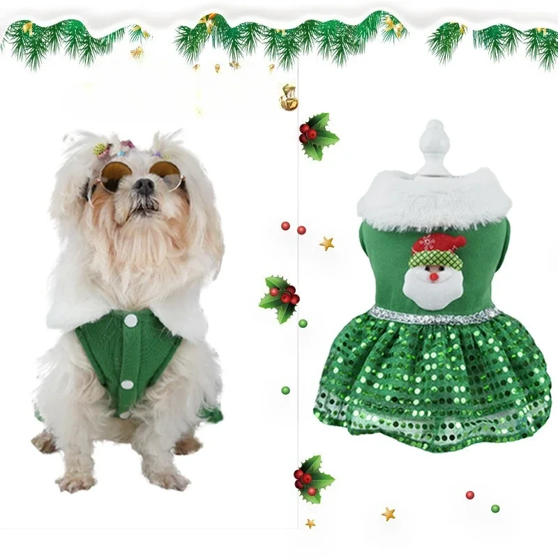 Collar peludo para perros pequeños y medianos, traje festivo, vestido navideño para perros, diseño de Papá Noel y reno, ropa festiva con