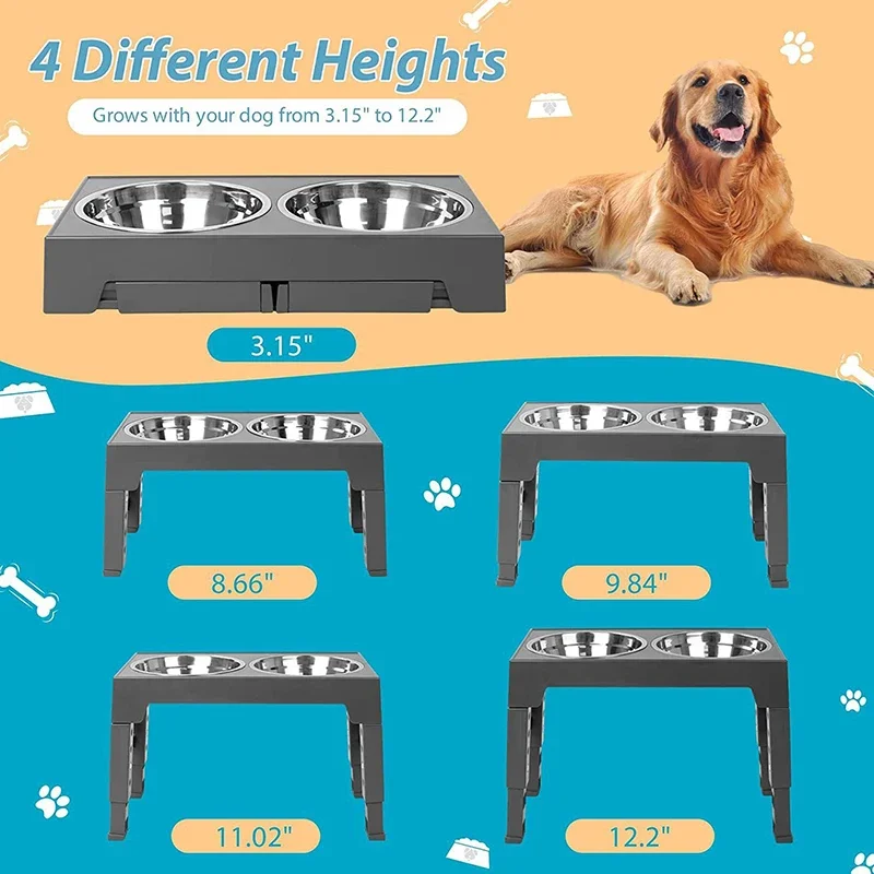 Cuencos elevados para perros, soporte plegable de altura ajustable, alimentador para mascotas, cuencos de alimentación lenta, estante de diferentes alturas, mesa de cubiertos para mascotas - imagen 2
