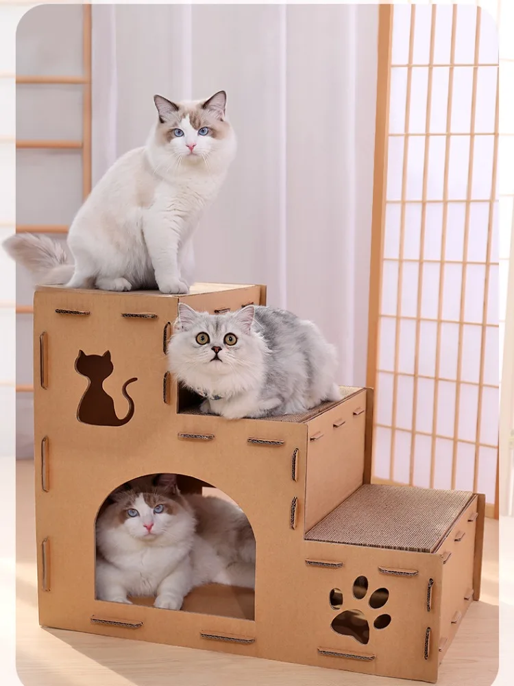Casa de tres capas multifuncional para gatos con rascador y almohadilla - imagen 3