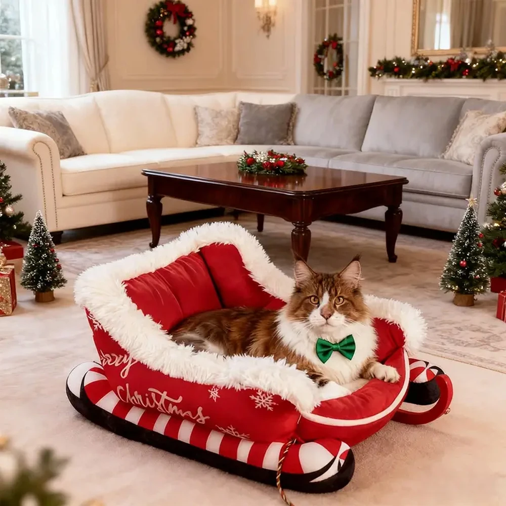 Cama con trineo navideña, sofá cálido de felpa lavable y extraíble para mascotas con Base antideslizante, nido navideño para perros y gatos para invierno, interior y exterior - imagen 2