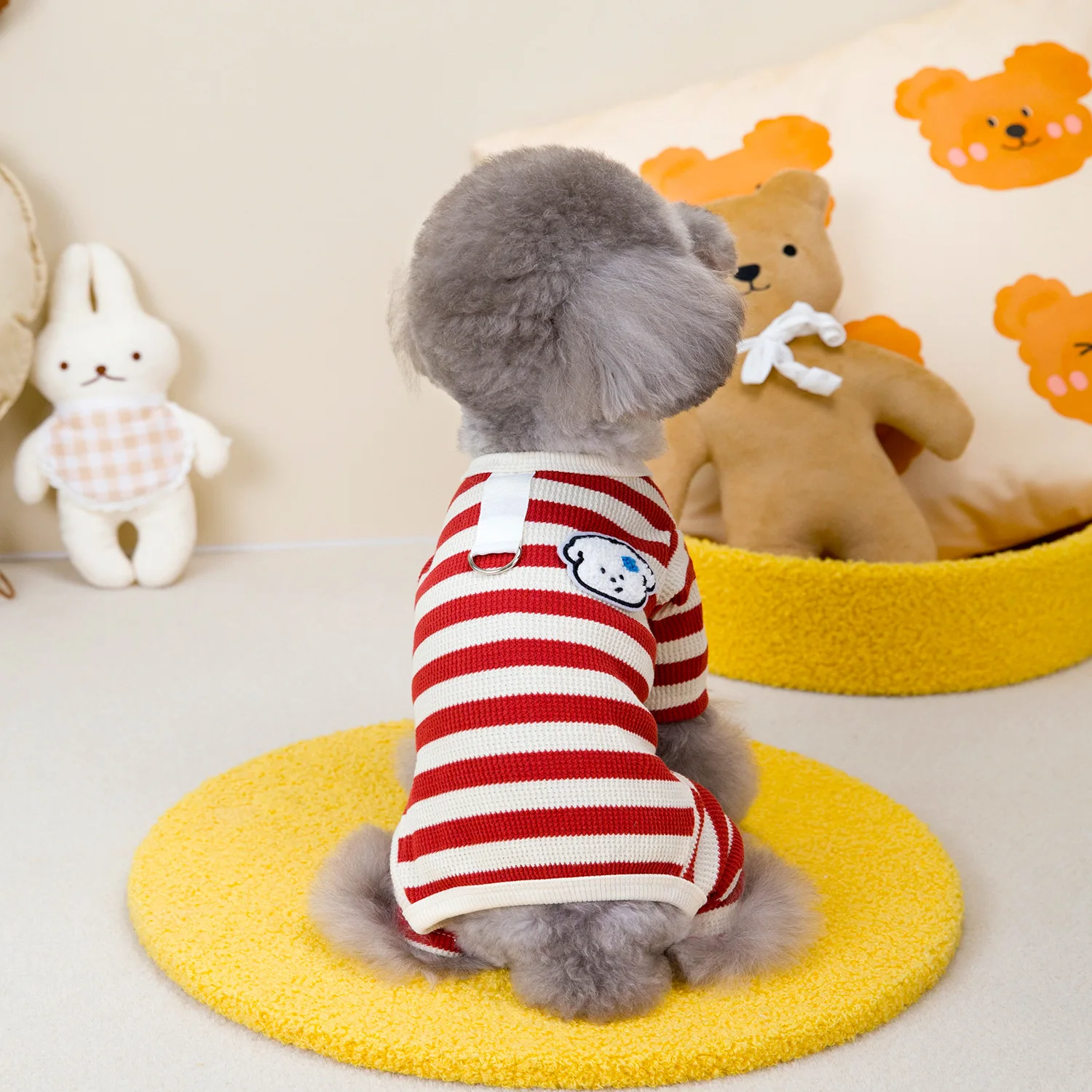 Pantalones de cuatro patas a rayas para mascotas, mono de otoño e invierno, ropa para cachorros, camisa Base para mascotas, camisa de cuatro patas a rayas de gofres, pijamas para perros - imagen 3