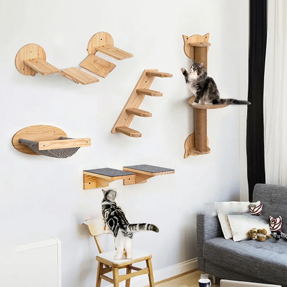 Estantes de escalada para gatos montados en la pared, casa para gatos, puente para gatos, hamaca para gatos con poste rascador y pedales o escalera para gatitos