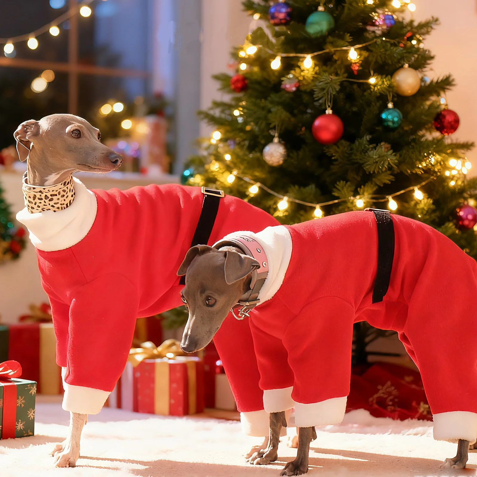 Disfraces navideños para perros Sudadera polar roja de cuatro patas para galgo italiano en invierno Traje cálido de Año Nuevo para Whippet