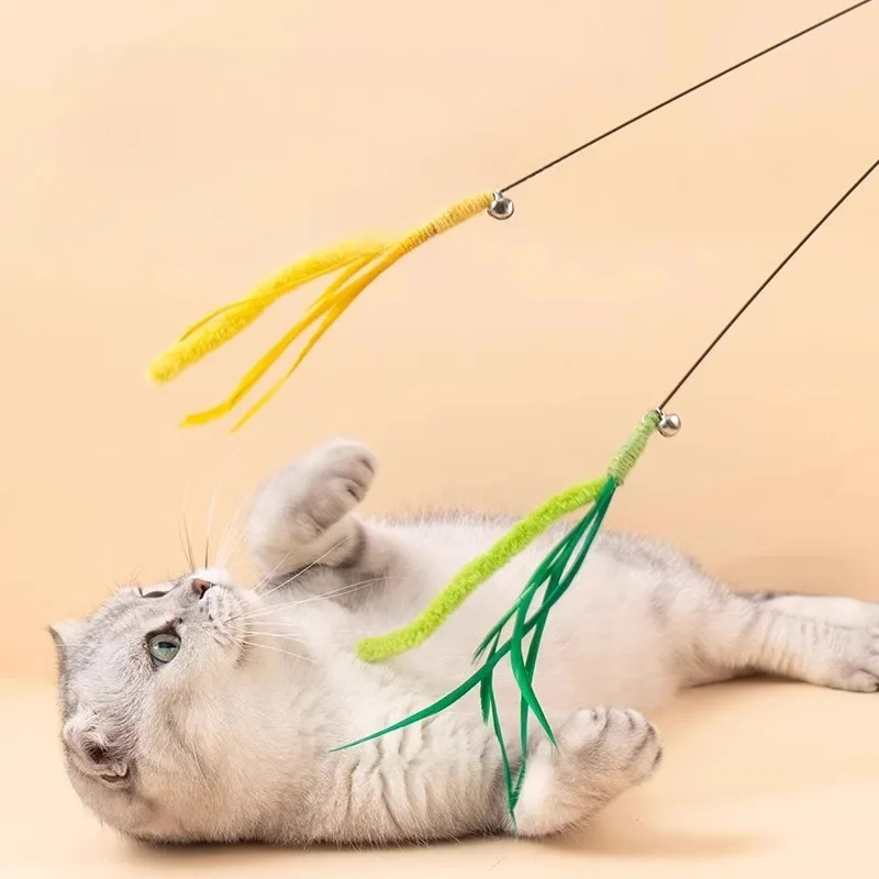 Cola de perro hierba gato palo de burlas juguetes de plumas para mascotas varilla larga juguetes interactivos de mano para gatito con campana
