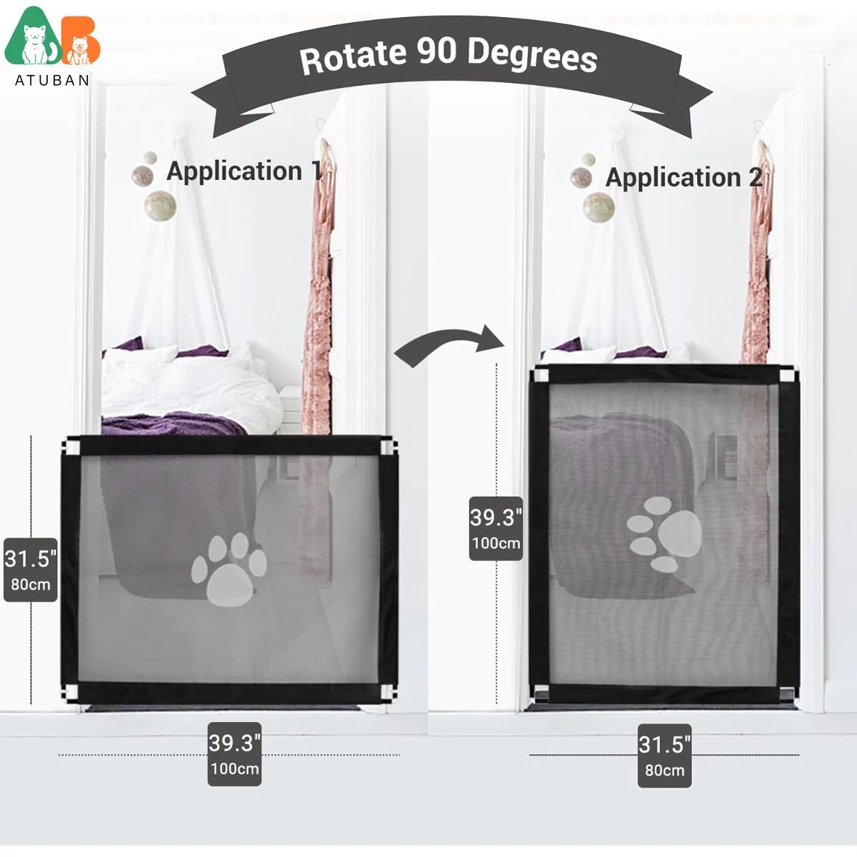 ATUBAN Gate para perros 39,3 "x 31,5" sin taladro/autoadhesivo, ajustable, para escaleras, puertas, dormitorio, cocina, puerta de malla para mascotas para pasillos