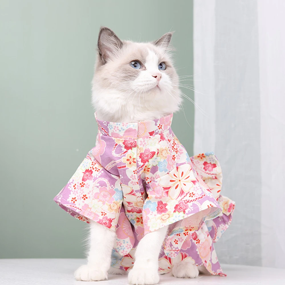 Ropa japonesa Retro Sphynx para gatos, Gotas, estampado de flor de cerezo, Kimono para mascotas, disfraz de Chinchilla persa, ropa para mascotas - imagen 4