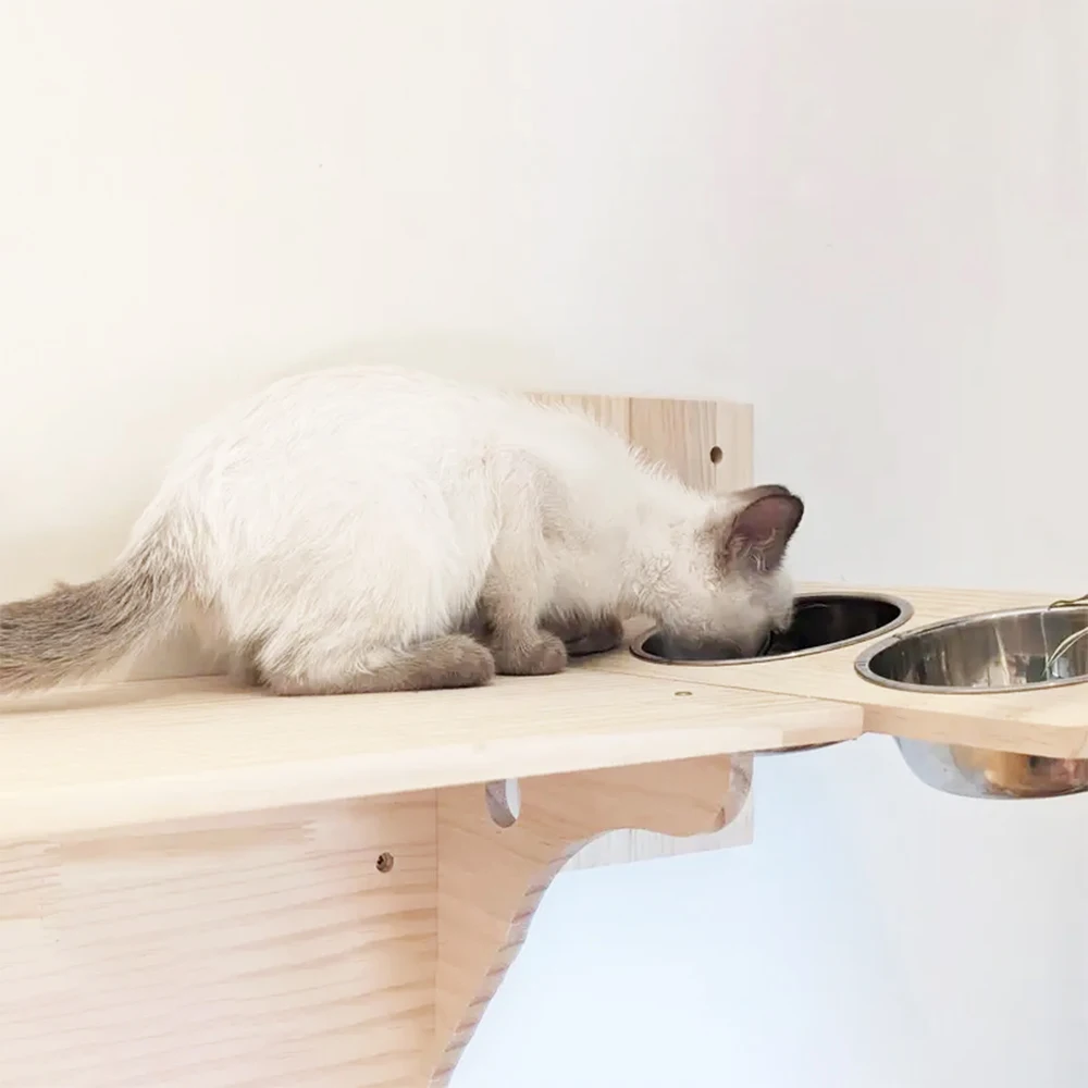 Plataforma de madera maciza montada en la pared para gatos, accesorio de poste para rascar de Sisal para el hogar, con dos cuencos, fácil de instalar - imagen 2