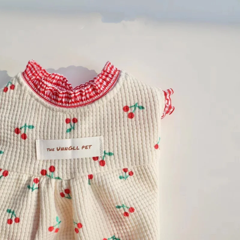 Bonita falda de punto de cereza de verano, ropa para perros, vestido para perros, ropa para gatos, estampado pequeño, moda blanca, cachorro, mascota, Chihuahua - imagen 5