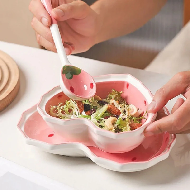 Juego de plato cuchara y tazón de fresa, cuenco de corazón para niña hermosa, ensaladera, postre, vajilla para el hogar, 3 uds. - imagen 2