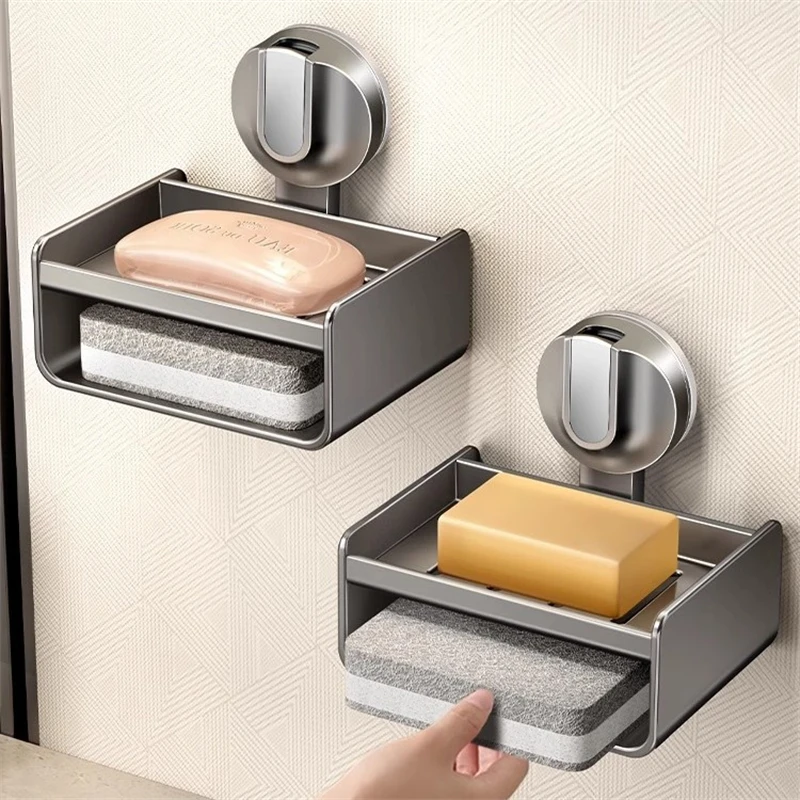 Estante de almacenamiento con ventosa sin taladro, soporte para jabón de baño, soporte para esponja y jabón montado en la pared, organizador, jabonera de doble drenaje