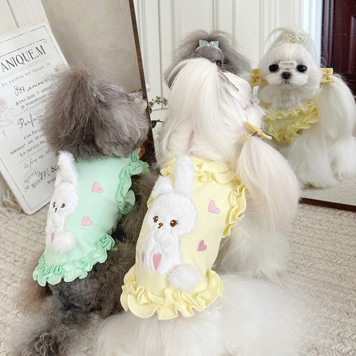 Chaleco de conejo de peluche grueso para otoño e invierno, con encaje y bonito abrigo con bola de pelo, ropa para perros pequeños, ropa para cachorros - imagen 4