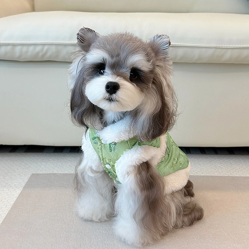 Ropa de otoño e invierno para mascotas, ropa de Año Nuevo de encaje de felpa, Parkas para perros de peluche Schnauzer, piernas gruesas sin mangas