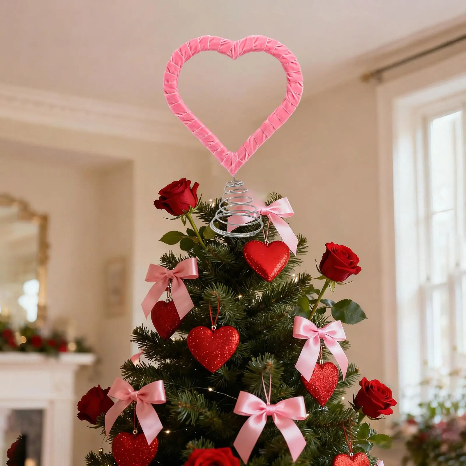 Adorno de árbol de San Valentín con corazón rosa de terciopelo tejido, adornos de hierro y madera, acento decorativo para Festival, boda, compromiso, Año Nuevo - imagen 2