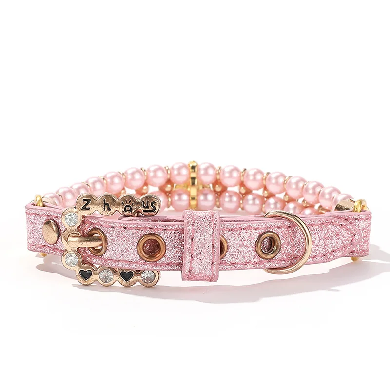 Collares de perlas para gatos con diamantes de imitación de cristal de lujo, Collar de cuero PU ajustable para gatos, perros pequeños y medianos - imagen 5