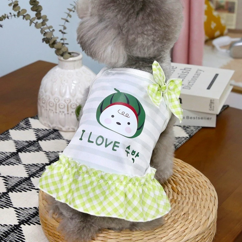 Vestidos rojos de verano para niña de dibujos animados para Chihuahua, pajarita de celosía, Color caramelo, mascota, una pieza, ocio al aire libre, faldas de chaleco de princesa para gato - imagen 4