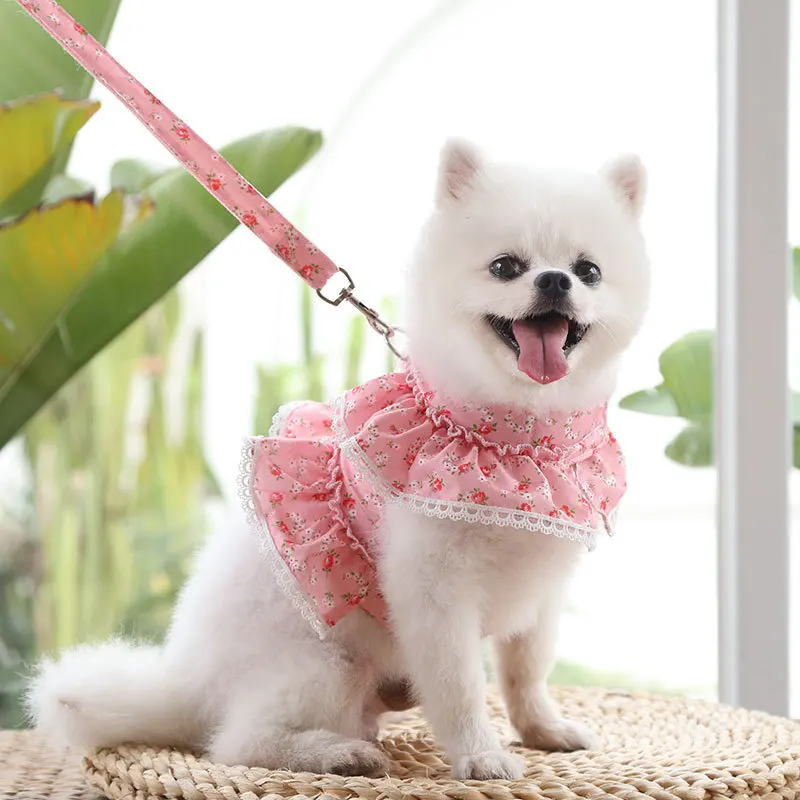 Vestidos con arnés para perros pequeños, bonito vestido Floral para cachorros, correa, lazo para niña, vestido de princesa para cachorros con anillo en D, vestido de malla suave para mascotas - imagen 3