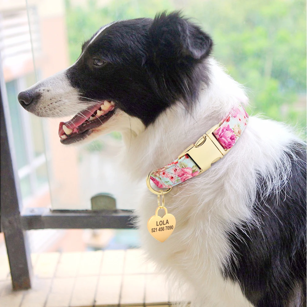 Collar de perro personalizado con estampado de nailon, collares de identificación para mascotas, etiqueta de corazón para perro personalizada, placa con nombre, regalo ajustable para perros pequeños, medianos y grandes