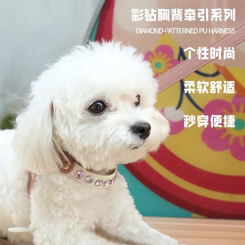 Juego de pecho y espalda de diamantes para perros y gatos de cuero PU, correa para mascotas pequeñas, cuerda para caminar para perros, correa para el pecho para mascotas - imagen 3
