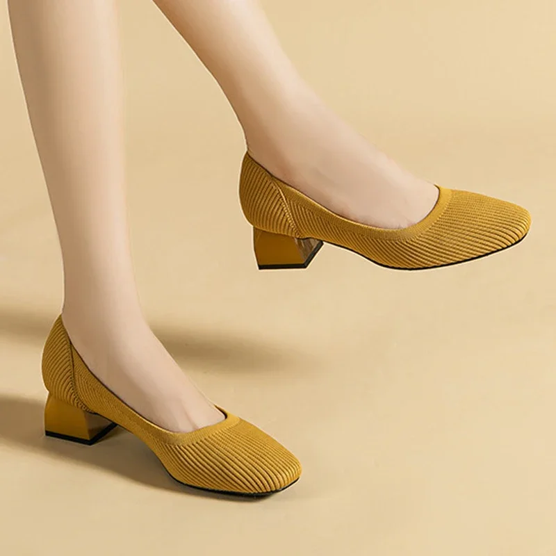 Zapatos de tacón alto y grueso para mujer, calzado de punto con cabeza cuadrada, transpirable, antideslizante, primavera y otoño, 2023 - imagen 3