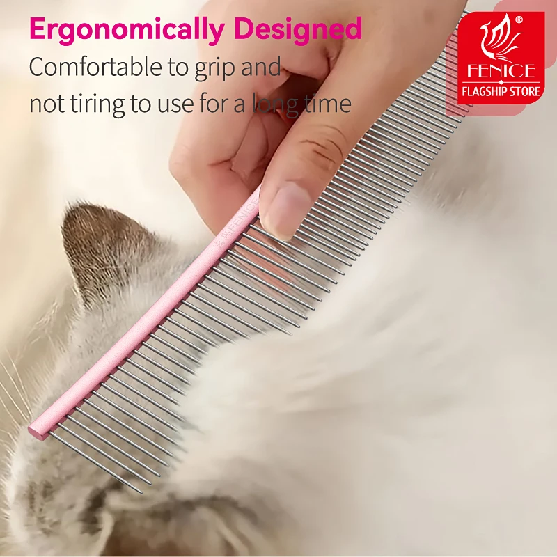 Peine de aseo curvo para mascotas Fenice, cepillo de acero inoxidable en forma de arco con dientes densos y esparsos para perros y gatos, suministros de aseo para mascotas - imagen 4