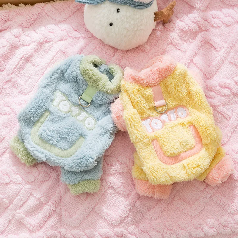 Bonito roupas para cães inverno quente macaron adesivo tracionável roupas de quatro pernas pequeno cão gato animal de estimação velo gato camisola produtos para animais de estimação
