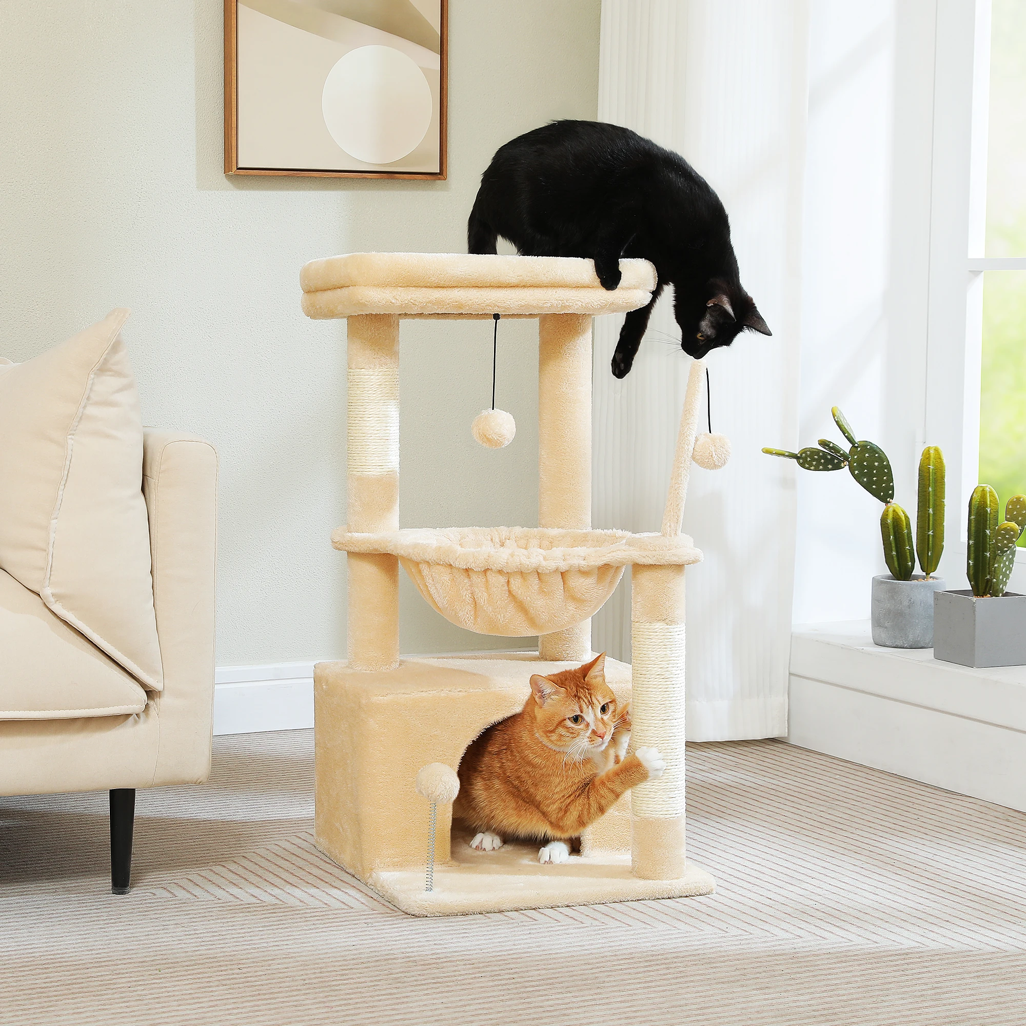 Torre de árbol para gatos pequeña con condón espaciosos, poste rascador, hamaca acogedora, pompón para 1-3 gatos de interior, accesorios para gatos, muebles para gatos