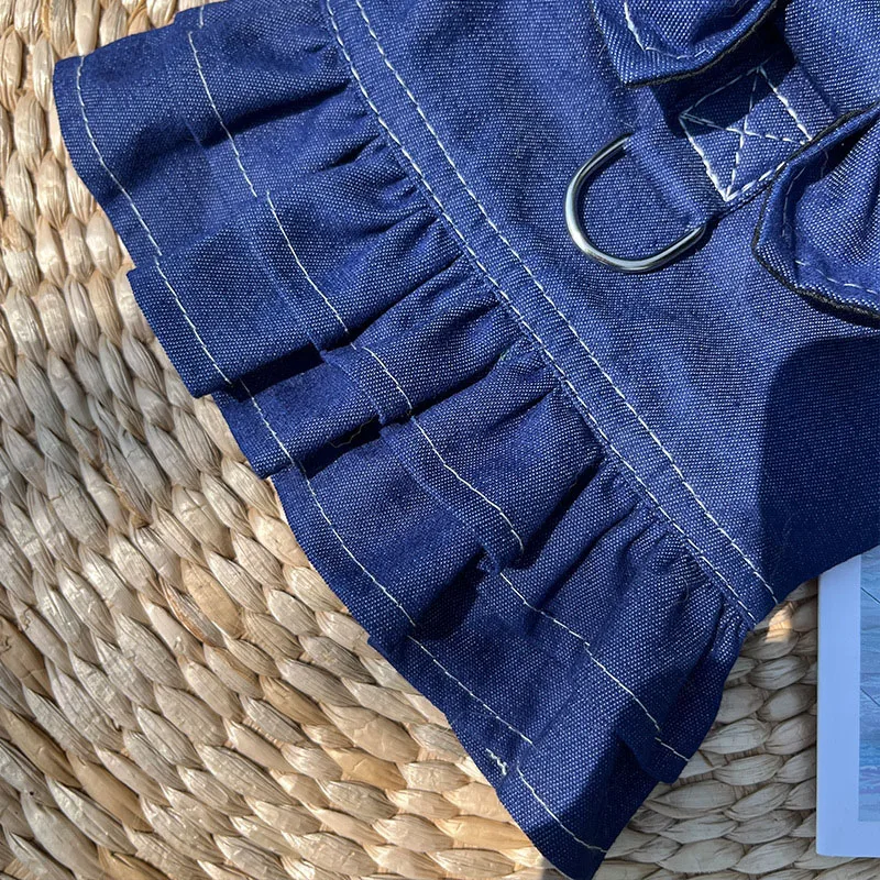 Ropa vaquera para perro, vestido azul de primavera para perro, arnés, pantalones vaqueros de Bulldog Francés, sudaderas con capucha y pajarita para gatos, falda con anillo en D para perros pequeños y grandes Yorkie - imagen 4