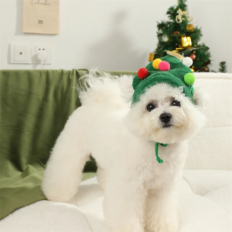 Gorro con lazo para mascotas de estilo navideño, disfraz de árbol de Navidad, adecuado para perros medianos y grandes, bonito diseño con orejas expuesta para mantener el calor - imagen 4
