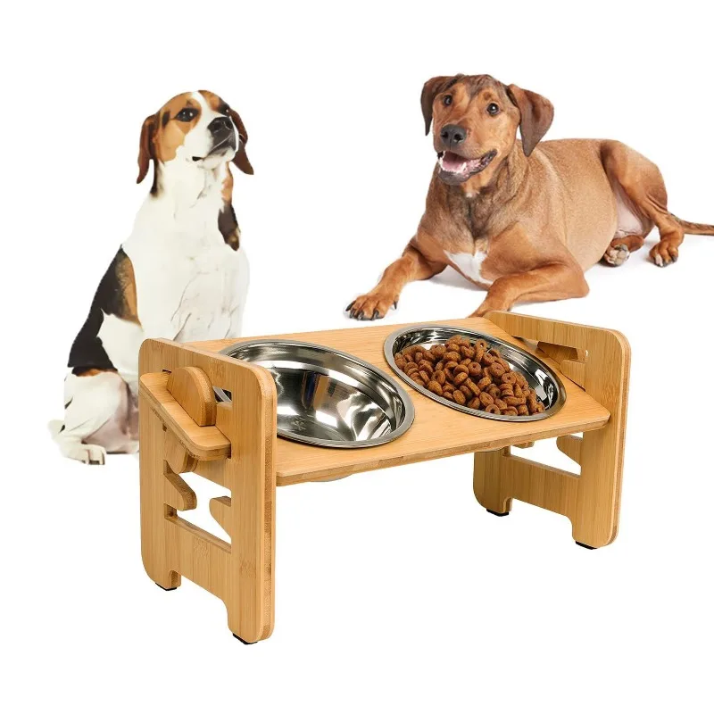 Cuenco doble elevado de bambú ajustable para gatos y perros en casa