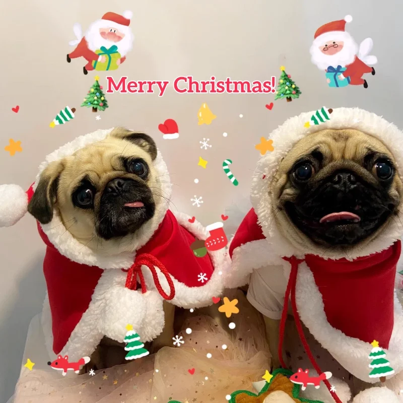 Disfraz navideño de Papá Noel para perros y gatos: sudadera con capucha de alce de felpa suave con capa roja, capa festiva cálida para fiesta de Navidad de mascotas