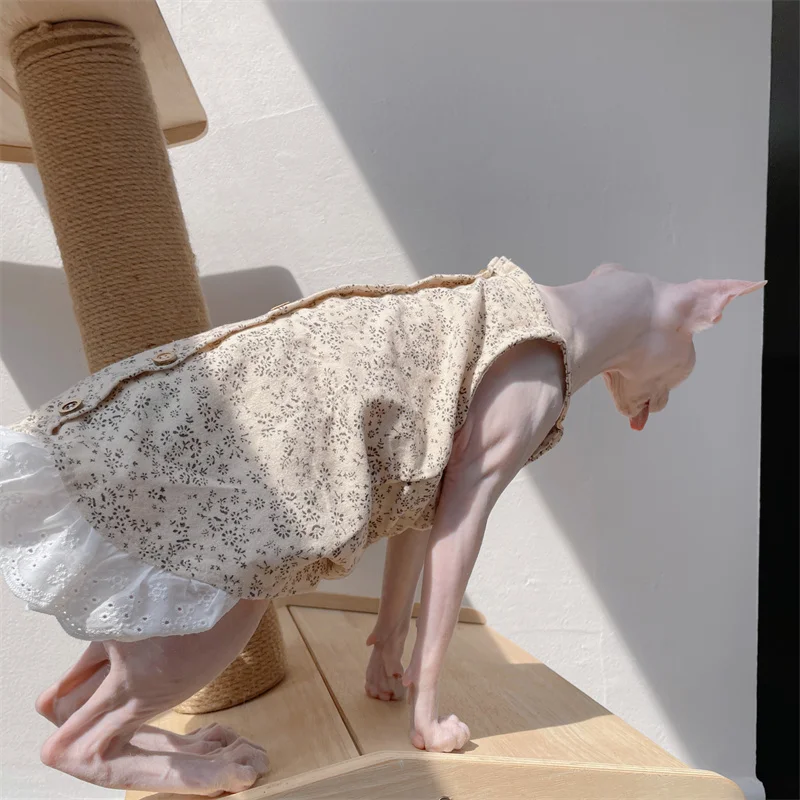 Sphynx Cat Clothes Vestido floral de encaje de algodón para gatitos Chaleco dulce de primavera para mujer Camiseta de cárdigan vintage de gato para Devon Rex - imagen 2
