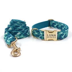 Collar y correa para perro – Grabado personalizado, verde ola de mar