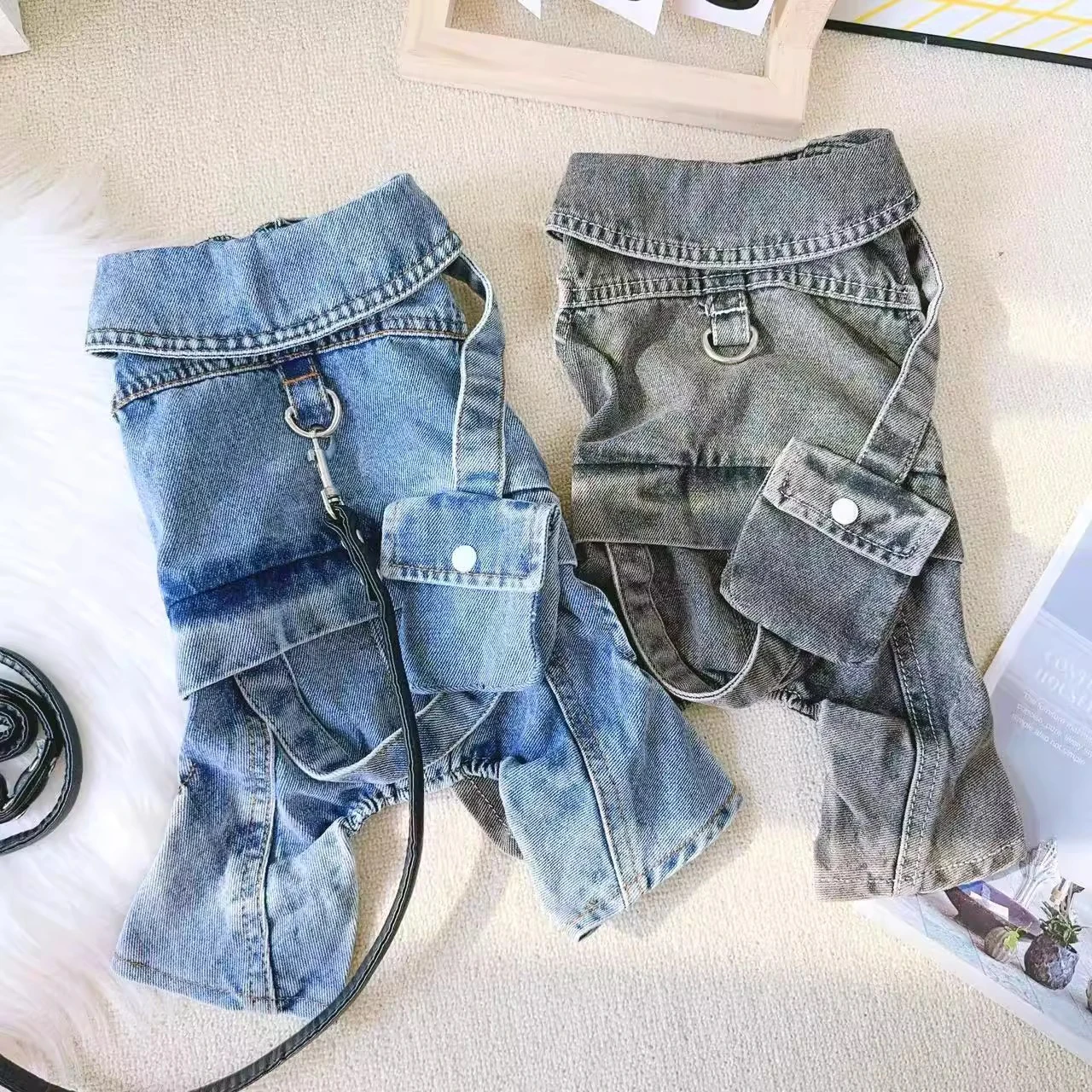 2025 Nuevo diseño de monos de mezclilla para perros pequeños con mochila snack: traje de jeans duradero para cachorros de niño y niña - imagen 4