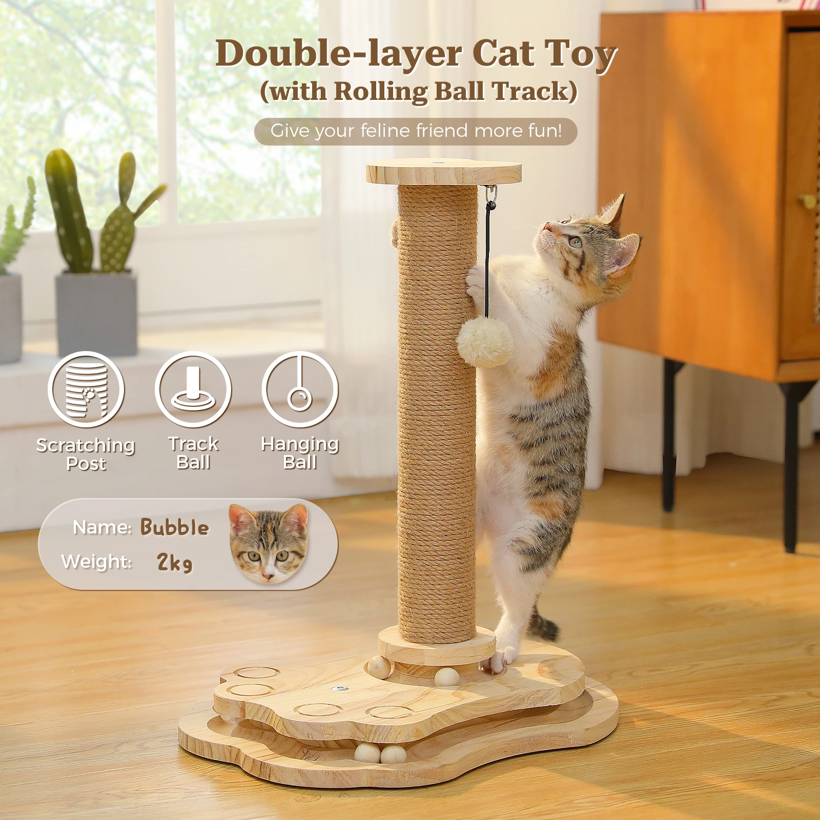 Tirador pequeño para gatos con pista de bola rodante, juguetes interactivos para gatos, árbol pequeño para gatos, rascador multifuncional para interiores