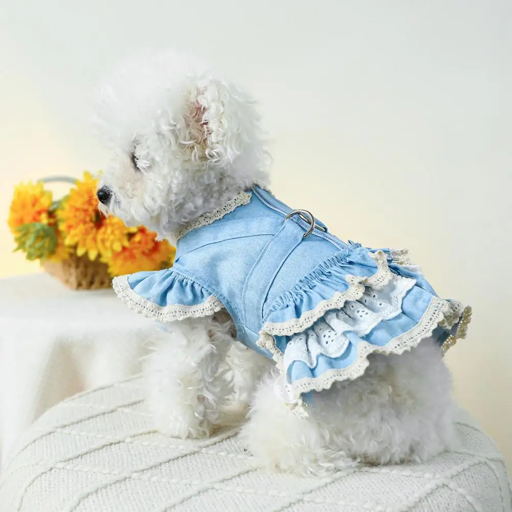 Vestido vaquero con mangas con volantes y cierre de botón para perro, hermoso vestido de princesa con anillo de tracción, suministros para mascotas - imagen 2