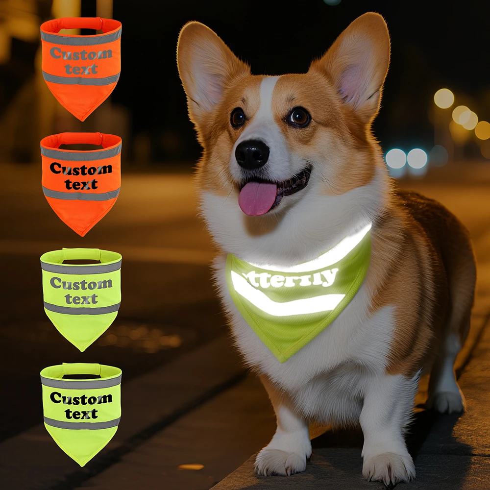 Personalized Dog Bandana Reflective Dogs Scarf Custom Pet Name Triangular Bandanas High Visibility Night Walking Bib For Dogs