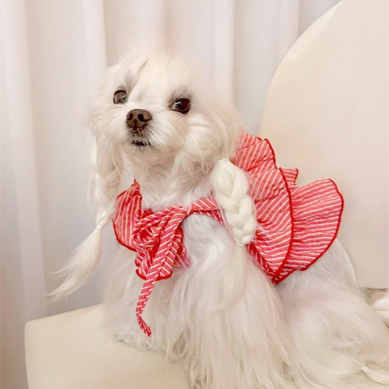 Chaleco de hombro inclinado a rayas para mascotas, vestido de estilo princesa para perros, falda con tirantes para gatos, top para mascotas de peluche