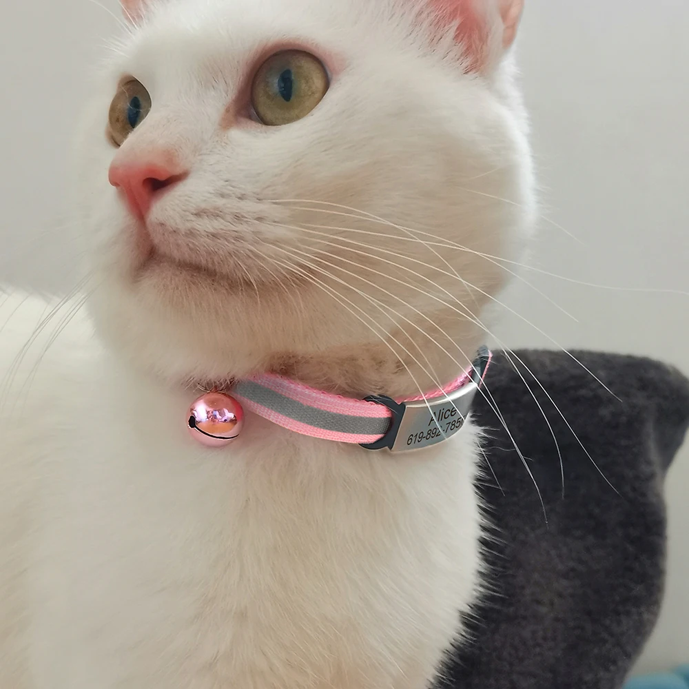 Collar reflectante para gatos, collares para gatos separables de seguridad personalizados con campana, collar con placa de identificación de liberación rápida, grabado gratis - imagen 5