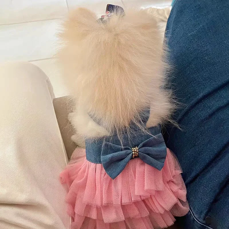 Vestido de verano con lazo para perros Caniche y gatos