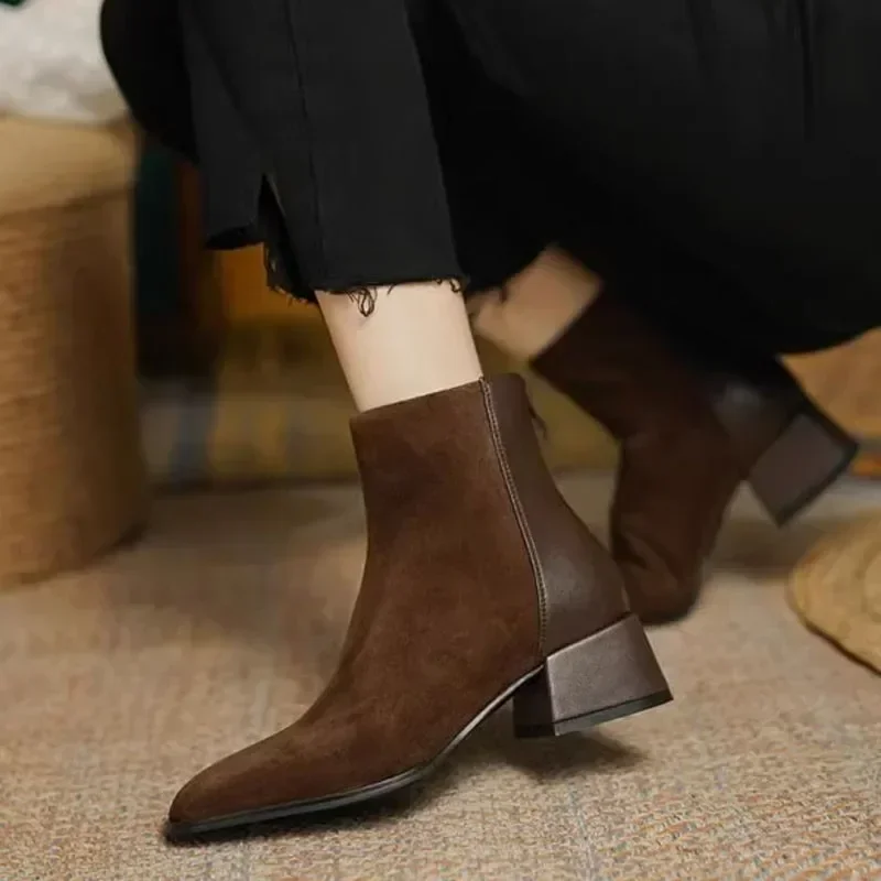 Botas de Otoño Invierno para mujer, Zapatos de tacón grueso con punta cuadrada, botines para mujer, Zapatos de gamuza con plataforma de invierno - imagen 5