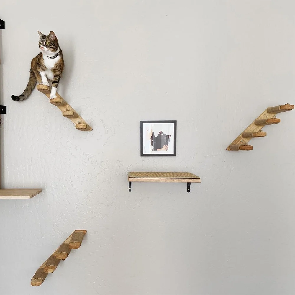 Sistema de escalada para gatos montado en la pared, estantes de madera, escaleras de Sisal, hamaca y perchas, muebles de pared para gatos, escalada y rascar en interiores - imagen 4