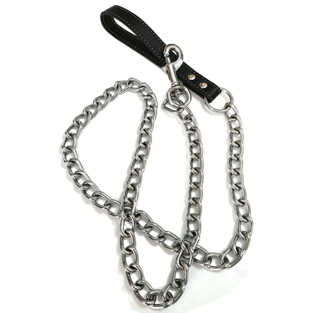 Correa de Metal duradera para perros pequeños y medianos, mango de PU, correa de cadena de hierro de cuero, cadena antimordida, accesorios para perros - imagen 2